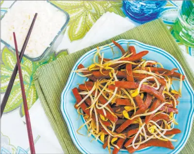  ??  ?? Spam, which is 80 today, is the star ingredient in dishes such as this stir-fry with bean sprouts. Thinkstock