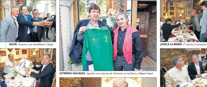  ??  ?? REGALO. Matallanas con San José.
LEYENDAS GALLEGAS. Agustín, con el jersey de Clemence en la final, y Miguel Ángel.
¡CHOCA LA MANO!. P. García y Camacho.