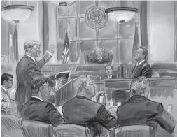  ?? Associated Press ?? ■ This courtroom sketch depicts defense lawyer Kevin Downing questionin­g Rick Gates, as former Donald Trump campaign chairman Paul Manafort, bottom front left, listens.