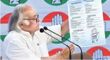  ?? SHASHI SHEKHAR KASHYAP ?? Congress leader Jairam Ramesh addressing the media at the AICC headquarte­rs in New Delhi on Sunday.