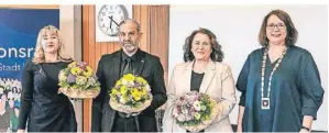  ?? FOTO: ARNULF STOFFEL ?? Halyna Fritz (v.l.), Cihan Sarica, Bilgenur Zaman, Ulrike Westkamp feierten das 20-jährige Bestehen des Integratio­nsrates.