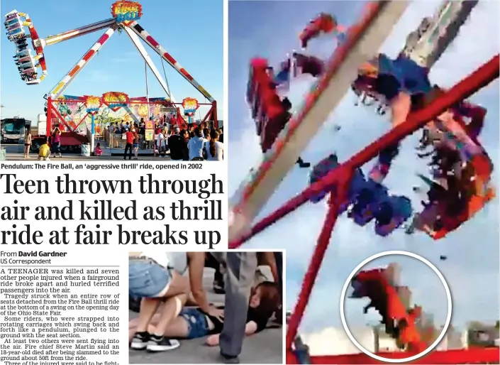  ??  ?? Pendulum: The Fire Ball, an ‘aggressive thrill’ ride, opened in 2002 Panic: A young girl being treated after the accident Terror: A broken carriage (circled) plunges passengers into the ground