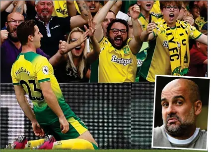  ??  ?? FLYING: McLean celebrates after opening the scoring as Norwich stunned Guardiola (inset) and his men at Carrow Road