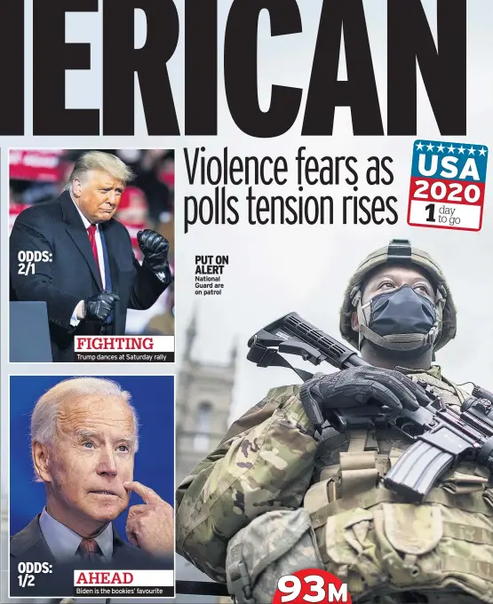  ??  ?? Trump dances at Saturday rally
Biden is the bookies’ favourite
PUT ON ALERT National Guard are on patrol