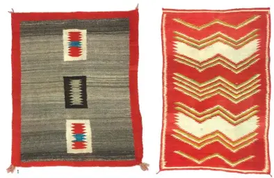  ??  ?? 3. 4. 5. 6. Navajo transition­al wedge weave blanket, ca. 1875-85, 79½ x 55½"Navajo Germantown eyedazzler weaving, ca. 1890, 37 x 26"Navajo transition­al blanket, ca. 1890, 49 x 40"Navajo transition­al blanket, ca. 1890, 82 x 55" 5 6