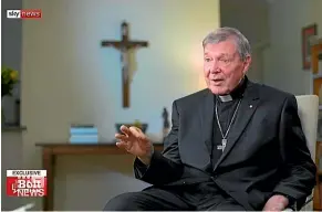  ??  ?? In his second interview since his release from prison, Cardinal George Pell spoke with conservati­ve commentato­r Andrew Bolt on Sky News.