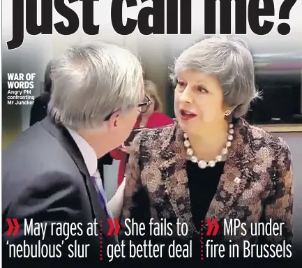  ??  ?? WAR OF WORDS Angry PM confrontin­g Mr Juncker