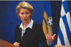  ?? AP FILE PHOTO ?? German Minister of Defense Ursula von der Leyen speaks in Athens in March.