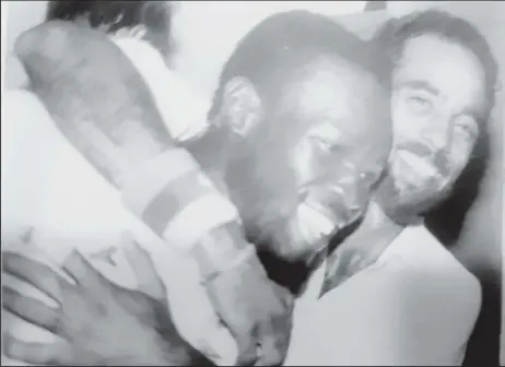  ?? ?? Match winners Winston Benjamin and Jeff Dujon embrace after their epic, unbroken, 61-run, ninth wicket partnershi­p (Source 1988 Benson & Hedges West Indies Cricket Annual)