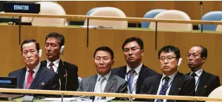  ?? Mary Altaffer / Associated Press ?? Members of the North Korean delegation listen as Foreign Minister Ri Yong Ho, who said the North has reasons to distrust the U.S., addresses the U.N. General Assembly on Saturday.