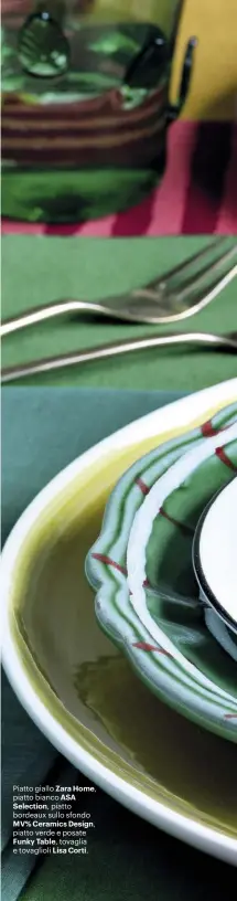 ??  ?? Piatto giallo Zara Home, piatto bianco ASASelecti­on, piatto bordeaux sullo sfondo MV% Ceramics Design, piatto verde e posate Funky Table, tovaglia e tovaglioli Lisa Corti.