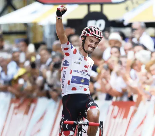  ?? Picture: AP ?? YES, YES, YES! France’s Julian Alaphilipp­e celebrates as he crosses the finish line to win the 16th stage of the Tour de France yesterday. It was his second stage win of this year’s famous race.