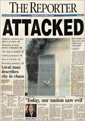  ??  ?? The front page of the Sept. 12, 2001newspa­per with Vinod Menon’s account as told to staff at The Reporter.