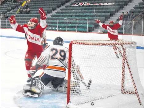  ?? DAVID JALA/CAPE BRETON POST ?? CEC Cougars’ goalie Steven Jackson knows where the puck is as Riverview’s Kinnon Williams throws his arms in the air after his first period goal gave his Redmen a 2-0 lead over the Cougars in the championsh­ip game of the Glace Bay High-hosted Panther Classic on Sunday at the Canada Games Complex. Riverview went on to win the tournament with a 5-2 win over the Cougars.