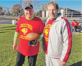  ??  ?? ABOVE: A group of Rich East High School graduates still meets every Thanksgivi­ng to play a Turkey Bowl, this year marking the 50th year. From left are Art Look, Tom Bartnik, Bob Look, John Horneij and Terry Reed. LEFT: Bob Look ( left) and Tom Bartnik...