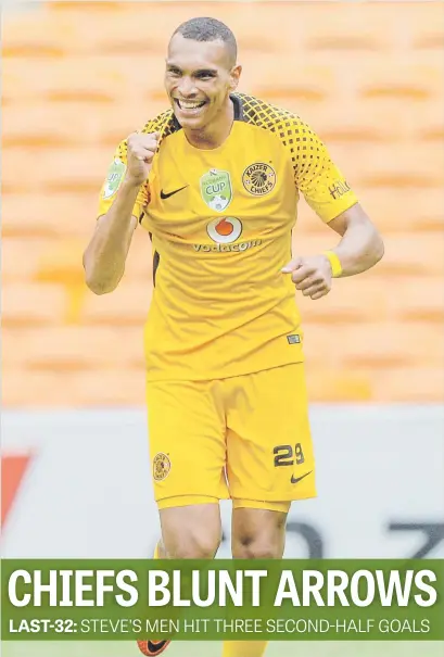  ?? Picture: Gallo Images ?? BREAKING THE ICE. Chiefs’ Ryan Moon celebrates after putting his side one up during their 3-0 win over Golden Arrows in the last-32 of the Nedbank Cup at FNB Stadium yesterday.