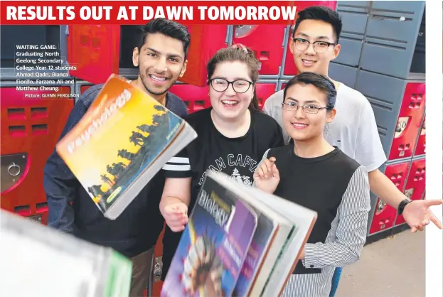  ?? Picture: GLENN FERGUSON ?? WAITING GAME: Graduating North Geelong Secondary College Year 12 students Ahmad Qadri, Bianca Fiorillo, Farzana Ali and Matthew Cheung.