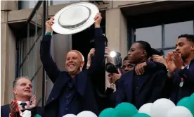  ?? ?? Feyenoord coach Arne Slot celebrates at Rotterdam town hall after winning the Dutch league. Photograph: Piroschka van de Wouw/Reuters