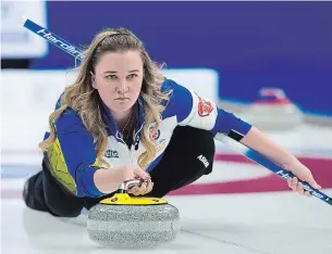 ?? CANADIAN PRESS FILE PHOTO ?? Alberta skip Chelsea Carey delivers a rock as they play Ontario in finals at the Scotties Tournament of Hearts last year in Sydney, N.S. Alberta will defend its title in Moose Jaw this year.