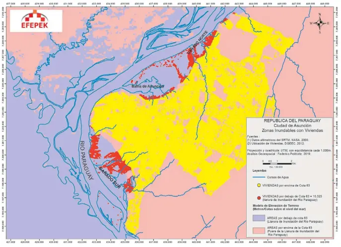  ??  ?? Las líneas azules en el mapa (cauces hídricos) también muestran la delimitaci­ón de Asunción. Sin embargo, solo la zona rosa es la habitable. Los puntos rojos son casas en el territorio del río.