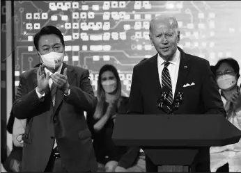  ?? Tribune News Service ?? U.S. President Joe Biden delivers remarks with South Korean President Yoon Suk-yeol as they visit the Samsung Electronic­s Pyeongtaek campus on May 20, 2022, in Pyeongtaek, South Korea.