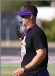  ?? DAVID WITTE/NEWS-SENTINEL ?? Tokay football coach Michael Holst gets ready to blow his whistle during the Tigers' first day of practice on July 23 at the school's on-campus field.