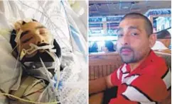  ?? /OBTAINED BY DAILY NEWS / HANDOUT ?? Fernando Levano lies in a hospital bed (left) on Thursday. Lebanon was punched in the head and knocked out at the corner of Aqueduct Avenue and Buchanan Place in the Bronx on June 18.