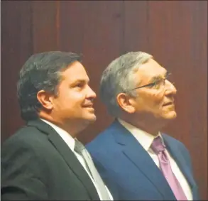  ?? Emilie Munson / Hearst Connecticu­t Media ?? Senate Minority Leader Len Fasano of North Haven, right, watched election returns last year with Mike Cronin of West Hartford, his former top attorney and PAC treasurer who was recently arrested for larceny.