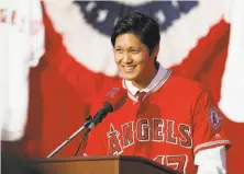  ?? Josh Lefkowitz / Getty Images ?? Shohei Ohtani is introduced by the Los Angeles Angels of Anaheim at Angel Stadium on Saturday.