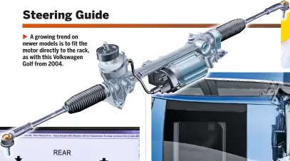  ??  ?? A growing trend on newer models is to fit the motor directly to the rack, as with this Volkswagen Golf from 2004.