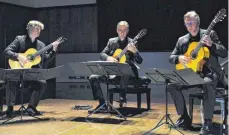  ?? FOTO: WEBER ?? Mikhail Antropov, Alexander Leidolph und Thomas Etschmann (von links) haben bei „Leutkirche­r Klassik“ein feines, subtiles Konzert gegeben. Drei Gitarriste­n in Bestform, mit ausgefeilt­en Arrangemen­ts.