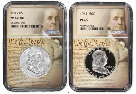  ?? PHOTOS COURTESY RCTV ?? NGC Franklin half dollars in “We the People” special holders.