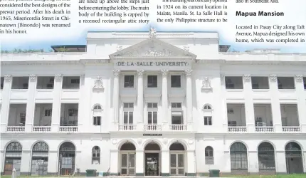  ?? PHOTO BY WIKIMEDIA COMMONS ?? ■ The main building of De La Salle University Manila (St. La Salle Hall) was designed by Tomas Mapua and considered one of his best works still standing.