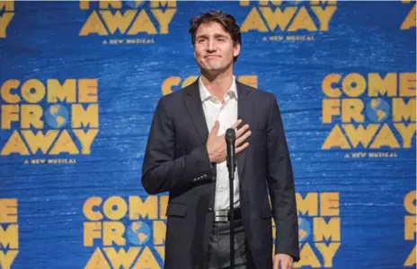  ?? RYAN REMIORZ/THE CANADIAN PRESS PHOTOS ?? Prime Minister Justin Trudeau speaks to the audience before the start of the Broadway musical Come From Away in New York City on Wednesday.