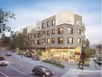  ??  ?? An artist’s rendering of the Bowker Collection, a project in Oak Bay that features a rusticated brick facade and white, over-sized cube windows in the penthouses.