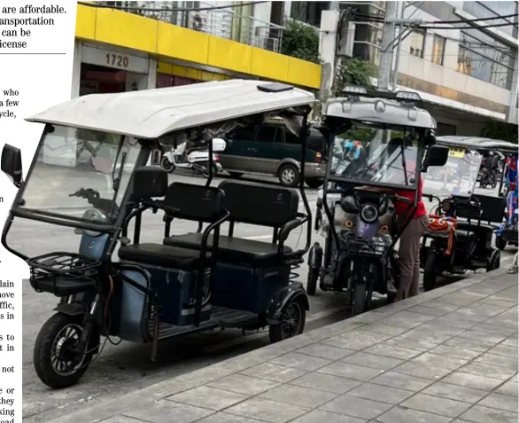  ?? PHOTOGRAPH BY CHARLES E. BUBAN FOR THE DAILY TRIBUNE ?? QUIET and emission free, e-trikes are all the rage as they slowly replace ubiquitous gasoline-operated tricycles and pedicabs that are one of the personal transports of many families in the metropolis.