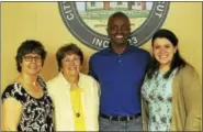  ?? BEN LAMBERT / HEARST CONNECTICU­T MEDIA ?? The Torrington Democrats endorsed candidates to run in the upcoming municipal election Wednesday. Above, endorsed candidates for City Council and the Board of Education are, from left, Ellen Hoehne, Sharon Waagner, Byron Francis and Danielle Palladino.