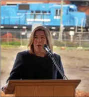  ?? BOB RAINES —DIGITAL FIRST MEDIA ?? PennDOT Secretary Leslie Richards speaks at the groundbrea­king ceremony for the Madison Lansdale Station project Tuesday.