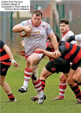  ?? ?? Action from Furnace United’s defeat of Llandybie in Three West B.
Picture: Byron Williams