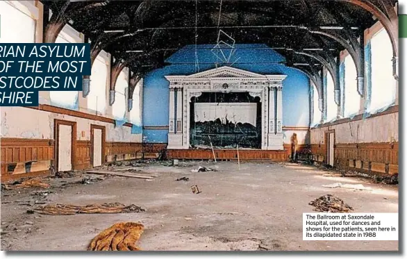  ??  ?? The Ballroom at Saxondale Hospital, used for dances and shows for the patients, seen here in its dilapidate­d state in 1988