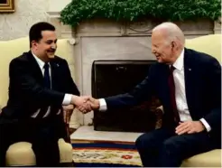  ?? ANDREW CABALLERO-REYNOLDS/AFP VIA GETTY IMAGES ?? SERIOUS MATTERS — President Biden met with the prime minister of Iraq, Mohammed Shia alSudani, at the White House. They were expected to talk about Iran’s Saturday attack on Israel.