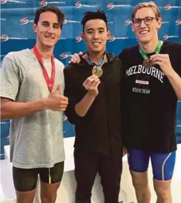  ??  ?? (From left) Cameron McEvoy, Welson Sim, Mack Horton in Melbourne yesterday.