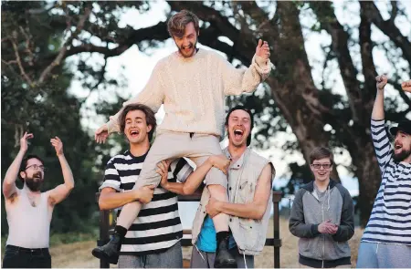  ??  ?? Jack Hayes is lifted by Emil Mogensen and Danny Saretsky in Pericles.