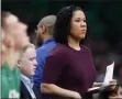  ?? MICHAEL DWYER - ASSOCIATED PRESS ?? In this Dec. 28, 2019, file photo, then- Boston Celtics assistant coach Kara Lawson watches during the first half of an NBA basketball game against the Toronto Raptors in Boston.