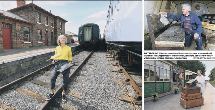  ?? PICTURES: JONATHAN GAWTHORPE ?? ON TRACK: Left, Volunteer co-ordinator Helen Ashworth; above, volunteers David Walker and Julia Gregson restore benches; below, volunteers Joan and Keith Walker with items that will go on display; inset, the staircase.