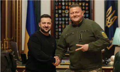  ?? Volodymyr Zelenskiy with the outgoing Gen Valerii Zaluzhnyi. Photograph: Ukrainian Presidenti­al Press Service/EPA ??