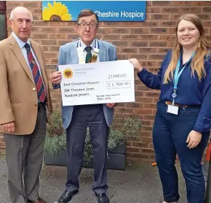  ??  ?? From left, The Second Macclesfie­ld Probus Club Secretary David Potts, President Dr Gordon Archer and East Cheshire Hospice Community Fundraiser Claire Gorton