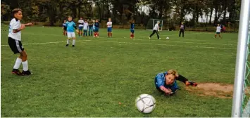  ?? Foto: Sabine Roth ?? Die jüngsten Kicker kämpften hart beim Kreisentsc­heid: In dieser Szene hat der Torwart der Mittelschu­le Pöttmes Glück. Der Schuss des Meringers ging nur an die Latte.