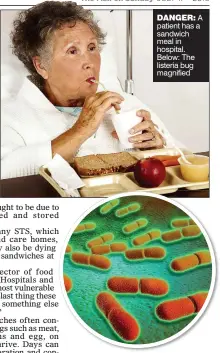  ??  ?? DANGER: A patient has a sandwich meal in hospital. Below: The listeria bug magnified