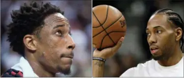  ?? ASSOCIATED PRESS FILE ?? DeMar DeRozan, left, has been traded for Kawhi Leonard as the pair make up the focal point of the blockbuste­r fourplayer trade between the Spurs and Raptors.